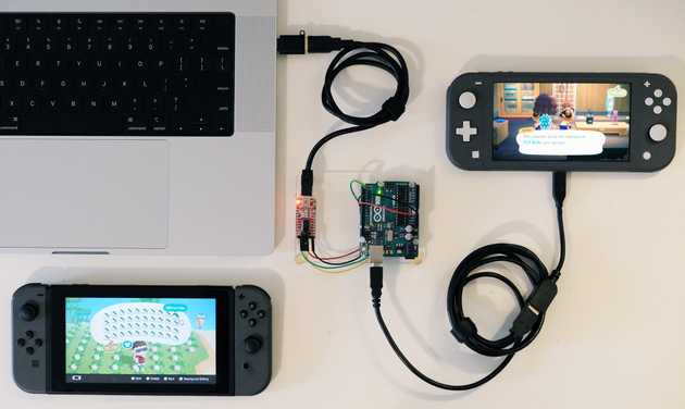 A laptop controlling an Arduino that's emulating a Switch controller